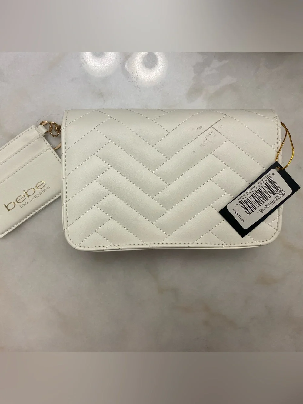 bebe White Quilted purse and Card Holder Set with Gold Accents